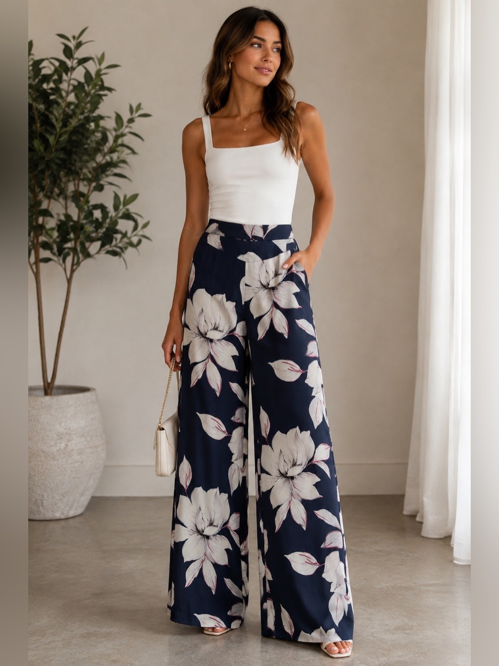 Dynamite Navy Floral Wide Leg Pants S/P Small Petite Palazzo Pants